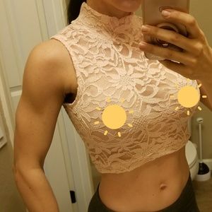 Lace Turtleneck Mock Neck Sleeveless Crop Top L